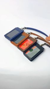 Id Card Holder Kulit Name Tag Kulit Magnet Double Flip Lanyard Card Kantor