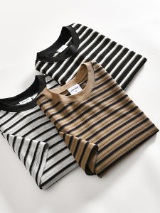 Double-Sided 3D Knitted Stripe round Neck Short Sleeve T-Shirt Mens Summer Loose Fit Vintage Nautical Style Breathable Shirt