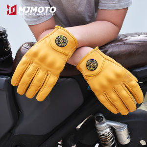 MJMOTO Yellow Retro Leather Motorcycle Gloves Breathable Motocross Riding Gloves Built-in Protective Case Anti-fall Motorbike Protective Gloves Touchscreen Bicycle Gloves