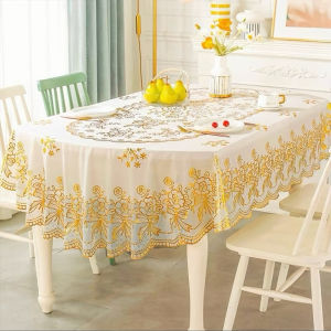 Loyal Bosque Taplak Meja Elips Tamu Plastik Panjang Meteran Gold Unik Mewah 3 Dimensi / Taplak Meja Anti Air Dan Minyak Alas Meja Makan MOTIF Table Cloth PEVA Waterproof Taplak Meja NORDIK modern 90X150cm/137X183cm/152X228cm Taplak meja anti air anti