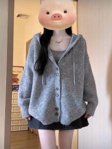 เสื้อคาร์ดิแกนถักมีฮู้ดสำหรับผู้หญิง ทรงหลวม หนา นุ่ม สไตล์เกาหลี แฟชั่นฤดูใบไม้ร่วง/ฤดูหนาว เสื้อผ้าผู้หญิง