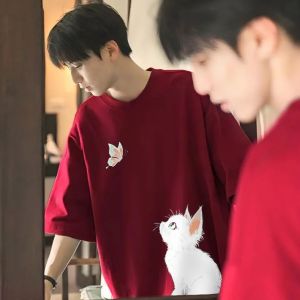 Loose Cotton Short Sleeve T-Shirt for Men Breathable Comfortable Fashionable Youthful Printed round Neck Regular Fit Summer Top