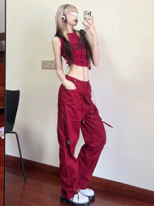 Quần Ống Rộng Phong Cách Hip Hop Mỹ Cho Nữ Mùa Hè Mỏng Cổ Điển Đường Phố Màu Đỏ Jazz Quần Dài Thường Ngày Thời Trang