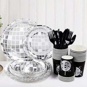 Disco Ball Theme Disposable Tableware ชุดเงินเลเซอร์ดิสโก้กระดาษถ้วยผ้ากันเปื้อนสําหรับงานแต่งงานวันเกิด Party Decor ผ้าปูโต๊ะ