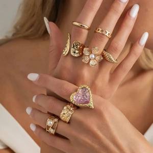 Ingemark | Ingemark 8Pcs/Set Exquisite Luxury Imitation Pearl Open Rings Women Pink Acrylic Rhinestone Heart Ring Couple Jewelry Gifts New