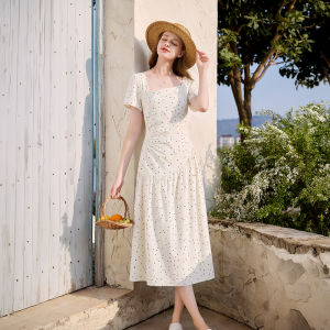 XIANGYING | Waist-accentuating Dotted Cotton Dress Short Sleeve Square Neckline