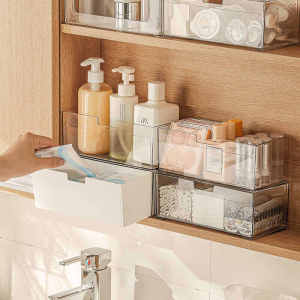 ใส ดึงออก ออกแบบ วางซ้อนกันได้ การเก็บรักษา ลิ้นชักอะคริลิค เครื่องสําอางห้องน้ํา ถุงเก็บของ ช้อนส้อมตู้โต๊ะเครื่องแป้ง กล่องเก็บของ