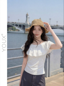 YOUXIANG | Áo Thun Ôm Cổ Dệt Ren Pháp