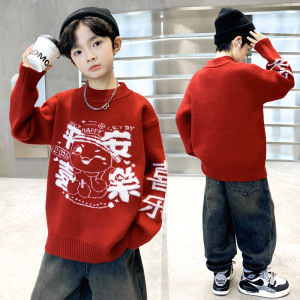 Red Knitted Winter Sweater for Boys Childrens Clothing Lucky Year Base Layer Top New Arrival Warm Cotton Blend Fabric Long Sleeve round Neck