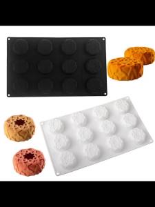 12-Cell Flat Round Line Pattern Design Cake Mold Food Grade Silicone Mousse Mold Chocolate Mold Kitchen Dessert Baking Tools