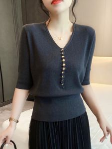 Stylish Button Solid Color and V-neck 2023 Summer New Half Sleeve Thin Knitwear Casual Versatile Slimming Women