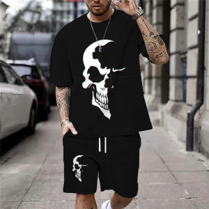 Summer New Casual Mens Skull Print T-Shirt Set Fashion Streetwear Tees Loose Oversized Breathable Soft Short Sleeves And Shorts