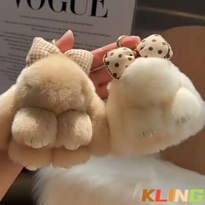 Jonstew Pendant Rex Rabbit Fur Bunny Genuine Plush Toys Bow Fluffy Cute Keychain Bag Car Ornaments Gift