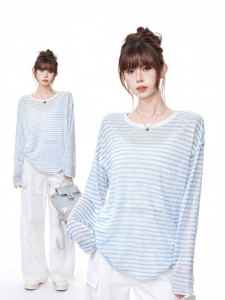 AUDISTY | Áo Blouse Chống Nắng Thoáng Khí Tencel Sọc Xanh Đèn Lồng Mùa Hè