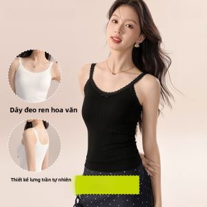 MiiOW | Áo ba lỗ ren trắng không dây cổ chữ V thêu viền cho nữ mùa xuân hè Áo ba lỗ che mông phụ trợ Áo ba lỗ thường ngày