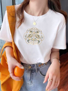 White Loose Short Sleeve T-Shirt Womens Summer New Style Half Sleeve Body Shirt New Chinese National Style Top Commute Korean Style Slim Fit Cotton Blend