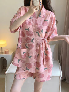 ชุดนอนผู้หญิงสไตล์ญี่ปุ่นฤดูร้อน แขนสั้น ชุดนอนผ้าฝ้าย 2 ชิ้น ลายดอกไม้ กระโปรงสั้น คอกลม สำหรับผู้หญิงไซส์ใหญ่