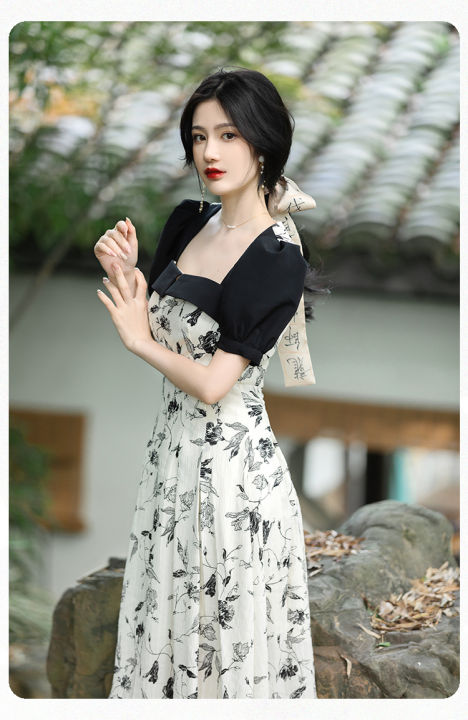 Black and White Floral Maxi Dress Korean Style A Line Plus Size Long Sleeve Dress for Women Lazada PH