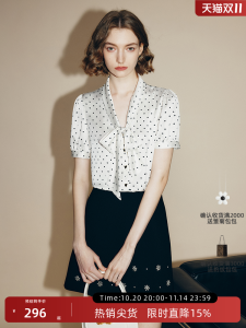 French Style Bubble Sleeve Shirt Womens White Polka Dot Bow Tie Draped Neckline Long Sleeve Straight Cut OL Fashion Spring 2025