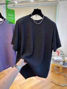 plus Size Womens Violet Colored Bubble Fabric Short Sleeve T-Shirt Textured Folded Spring Summer New Style round Neck Top