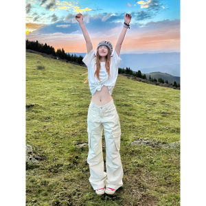 American Retro Work Pants Women Summer Thin Quick Dry Multi Pocket Wide Leg Loose Straight Casual Pants High Waist Zipper