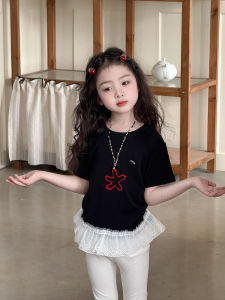 Ballet Princess Summer Childrens Short Sleeve T-Shirt Waist Cinched Lace Trim Mask Girls Cotton Korean Style Top