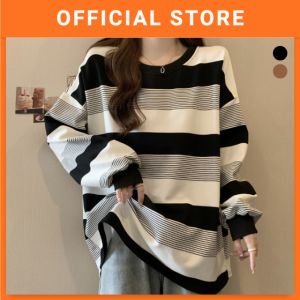 Women Long Sleeve T-Shirt Loose Striped Round Neck Undershirt Baru Perempuan Lengan Panjang 女生长袖衣