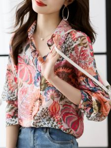 Fashionable Casual Spring Autumn Womens Polo Collar Floral Print Chiffon Top Open Cardigan Shirt Base Layer Shirt Blouse