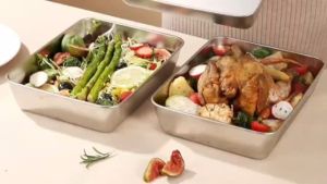 Z-Gadget⚡ Stainless Steel Square Plate With Lid Rectangular Food Storage Pan Commercial Dish Tray Large Refreshing Lunch Box Container