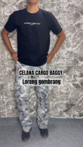 Celana Skena Gombrang Cargo Reguler Pria - Celana Cowok Standar Kaki Lebar Loreng Army Putih Big Size 40 Jumbo