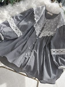 เสื้อเชิ้ตแขนยาวลายสก็อตสไตล์ญี่ปุ่น ทรงหลวม กระโปรงทรงเอ ป้องกันแสงแดด แขนยาว คอตั้ง เสื้อเชิ้ตผู้หญิง