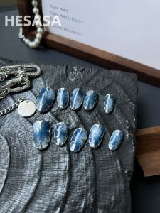 Hesasa | Fancy Design Denim Blue Short Hand-Painted Manicure [Prussian] Handmade Oval Wear Nail