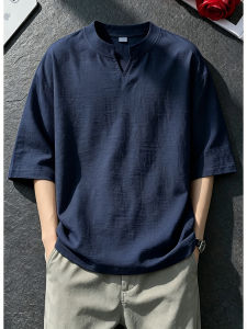 Navy Rayon Linen Blend Cool Feeling V-Neck Short Sleeve T-Shirt