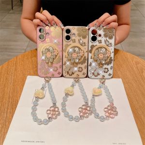 Case for iPhone 16 Plus iPhone 16 Pro Max Diamond-studded Smiley Face Flower Bracket Magnetic Back Cover with Boutique Bracelet Fine Hole Camera Protection Anti-drop Shockproof Protective Cover