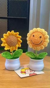 Knitting Crochet Sunflowers Potted Plants Cute Knitted Flower Ornament for Wife Girlfriend and Women Handmade Flowers for Home Garden Car Decoration