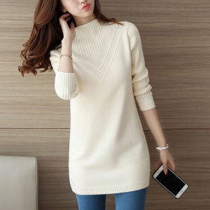 Korean Style Womens Knitted Sweater Half High Collar Loose Long Thickened Overhead Autumn Winter Warm Base Layer Shirt