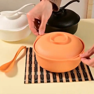 🐻DAILY2U🐻 1L Plastic Rice Bowl with Lid Cover & Spoon Wheat Straw Bowl Snack Plate Tableware Thickened Striped Bowl Household PP Plastic Casserole Rice Cooker Salad Pot Supper Noodle Bowl & Microwave Safe