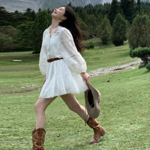 Yunnan Xinjiang Travel Wear Womens White Shirt Dress Women Bohemia Long Sleeves Petite Short Dress Women