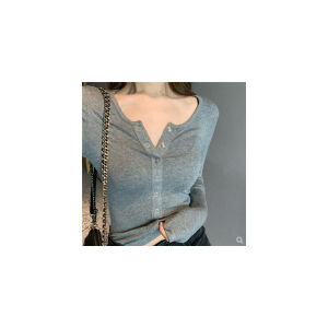 Long Sleeve V-Neck T-Shirt Womens High Waist Short Style Button up Slim Fit Base Shirt Commute Style Polyester Fabric