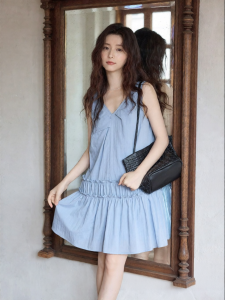 seemon | Summer Elegant A-Line Asymmetric Short Blue Sleeveless Dress