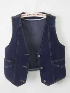 Spring Summer Short Sleeveless V-Neck Blue Denim Vest Womens Jacket Outerwear Commute Style Button Placket Patchwork Pocket