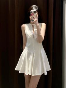 White Butterfly Knot Layered Sleeveless Waist-Cinched Vest Dress Mini Skirt Single Piece College Style Spring Summer Autumn Winter