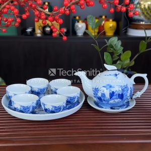 Bộ Ấm Pha Trà Men Lam Phượng Hoàng Khay Đĩa Đơn Bát Tràng Trúc Lâm Thất Hiền - Ấm Dung Tích 350ML