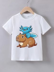 Bandai | Cartoon Axolotl & Capybara Print T-Shirt Short Sleeve Crewneck Tee Summer Casual Top for Girls & Boys Funny Animal Graphic Shirt