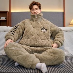 Mens Winter Sleepwear Thickened Coral Fleece with Cotton Sandwich Warm Home Clothes Set Large Size 250 Pounds Hooded