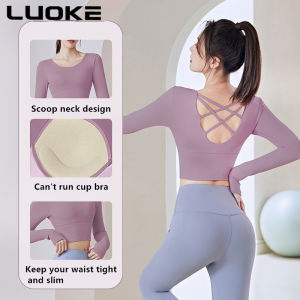 Luoke women sports wear External wear with fixed chest pad exposed navel cross cut-out back running fitness breathable tight long-sleeved yoga suit