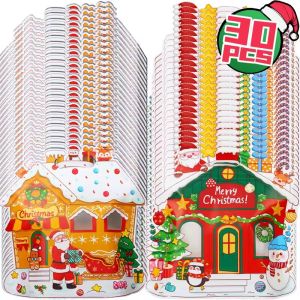 30Pcs Christmas Candy Cookie Bags Snow House Shape Santa Claus Snowman Gift Packaging Bag Wrapping Pouches Xmas Party Decor