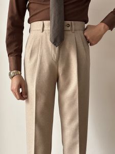 Autumn Winter Thick Woolen Mens Suit Pants Straight Leg Drapey Casual Long Trousers Anti-Wrinkle High Waist Suit Pants