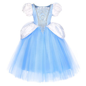 Girls Cinderella Princess Dress Puff Sleeve Embroidery Sequins Tulle Ball Gown Halloween Cosplay Birthday Party Carnival Costume
