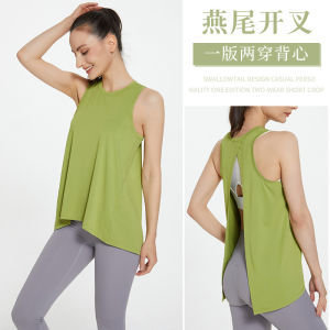 Luoke ผู้หญิงสไตล์เกาหลีเสื้อกั๊กโยคะเสื้อกั๊กหลวมวิ่งออกกำลังกายความงามกลับฤดูร้อนแห้งเร็วสายรัดแขนกุดเสื้อยืดประกบ Slit ออกแบบ